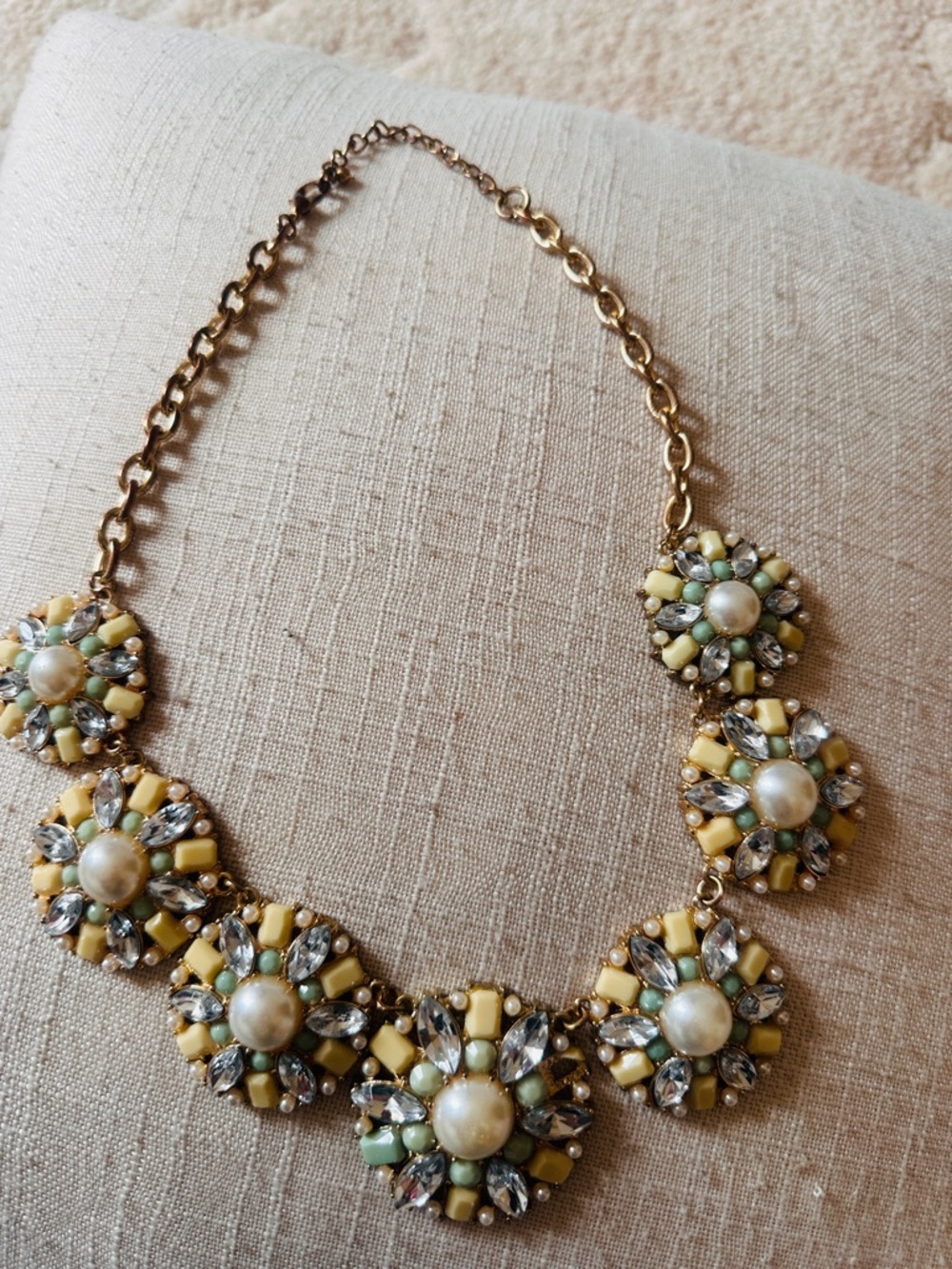 Vintage Gold-Tone Necklace with Yellow and Mint Floral Medallions